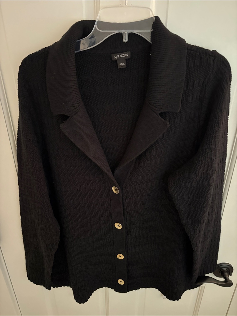 J. Jill Size L Wearever Black Textured Collared Button-Front Knit Cardigan
